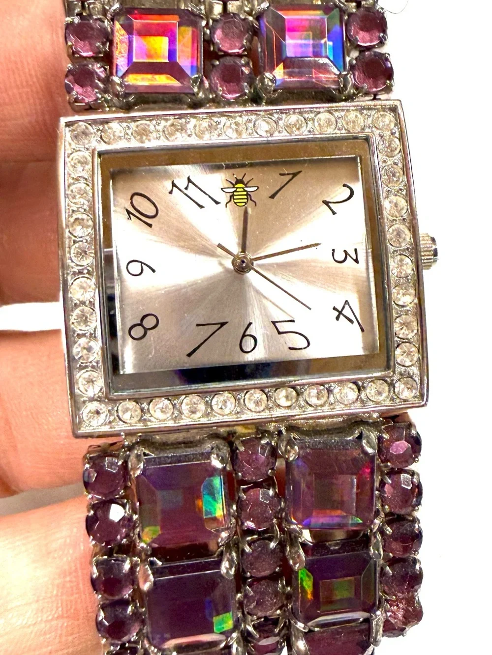 Vintage Oui Art Bee Watch Purple AB Iridescent Crystal Rhinestone Stretch Cuff